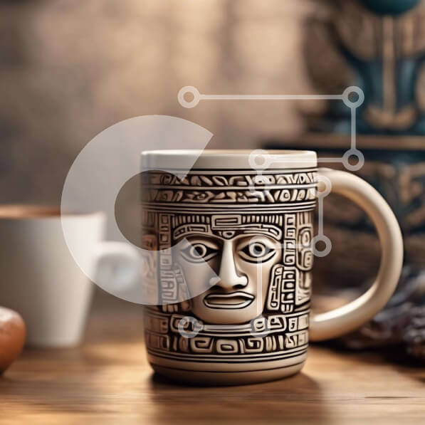 Σετ των 2 Intra Συλλεκτικό Ξύλινο Παζλ Plywood  4mm - Κούπα καφέ με σχέδιο Αζτέκων και φρούτα Σε Ξύλινο Κουτί - Διαστάσεις: 10x10 cm – 25 κομμάτια