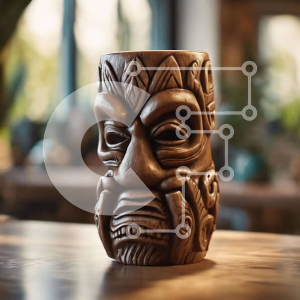 Intra Συλλεκτικό Ξύλινο Παζλ Plywood  4mm - Ξύλινο κύπελλο Tiki με σκαλιστό πρόσωπο και φυτά Σε Ξύλινο Κουτί - Διαστάσεις: 10x10 cm – 25 κομμάτια