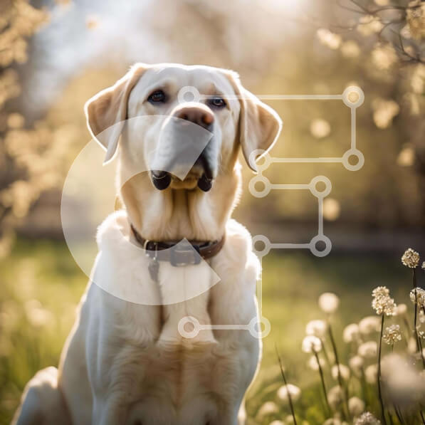 Intra Συλλεκτικό Ξύλινο Παζλ Plywood  4mm - Λευκό σκυλί Λαμπραντόρ στο χωράφι με γρασίδι με λουλούδια Σε Ξύλινο Κουτί - Διαστάσεις: 10x10 cm – 25 κομμάτια