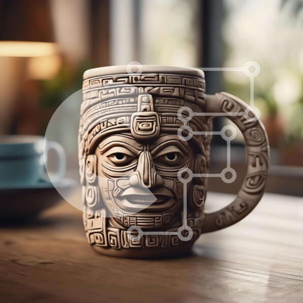 Intra Συλλεκτικό Ξύλινο Παζλ Plywood  4mm - Κούπα καφέ με πρόσωπο εμπνευσμένο από τους Αζτέκους Σε Ξύλινο Κουτί - Διαστάσεις: 10x10 cm – 25 κομμάτια