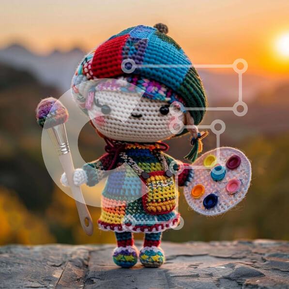 Intra Συλλεκτικό Ξύλινο Παζλ Plywood  4mm - Κούκλα με κροσέ με παλέτα καλλιτέχνη Σε Ξύλινο Κουτί - Διαστάσεις Puzzle: 10x10 cm – 25 κομμάτια