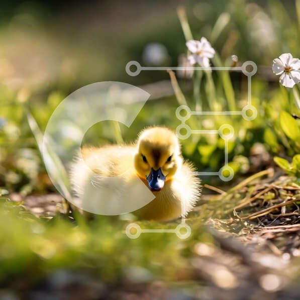 Intra Συλλεκτικό Ξύλινο Παζλ Plywood  4mm - Νεαρό κίτρινο παπάκι στη χλόη με τα λευκά λουλούδια Σε Ξύλινο Κουτί - Διαστάσεις: 10x10 cm – 25 κομμάτια