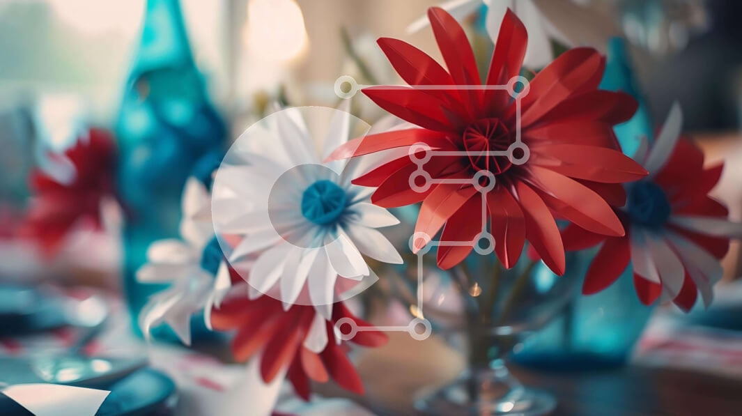 Intra Συλλεκτικό Ξύλινο Παζλ Plywood  4mm - Κόκκινα, λευκά και μπλε χάρτινα λουλούδια σε βάζο με ποτήρια Σε Ξύλινο Κουτί - Διαστάσεις: 10x10 cm – 25 κομμάτια