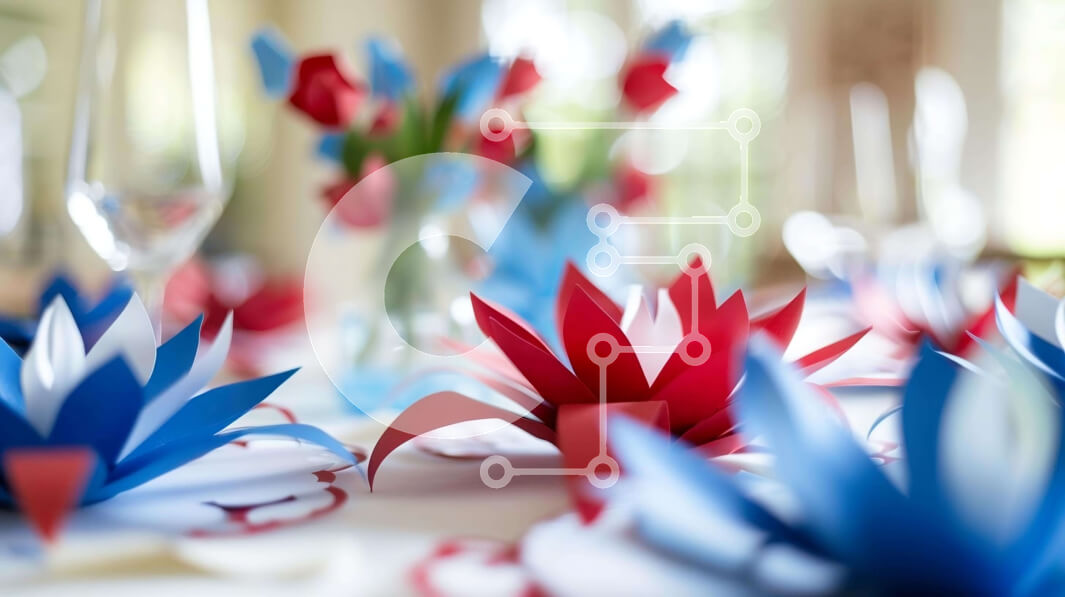 Intra Συλλεκτικό Ξύλινο Παζλ Plywood  4mm - Τραπέζι με χάρτινα λουλούδια και ποτήρια κόκκινο, λευκό και μπλε Σε Ξύλινο Κουτί - Διαστάσεις Puzzle: 10x10 cm – 25 κομμάτια