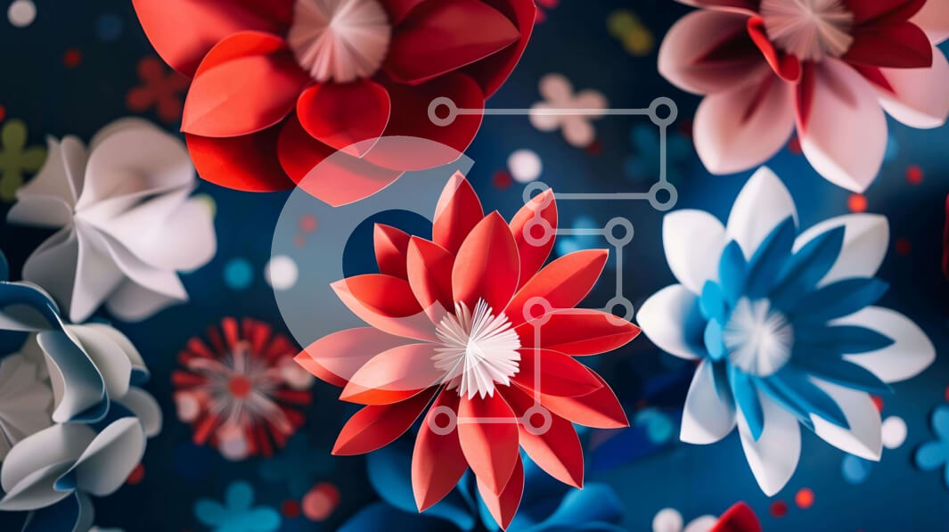 Intra Συλλεκτικό Ξύλινο Παζλ Plywood  4mm - Σύνθεση με χάρτινα λουλούδια σε κόκκινο, λευκό και μπλε Σε Ξύλινο Κουτί - Διαστάσεις Puzzle: 10x10 cm – 25 κομμάτια