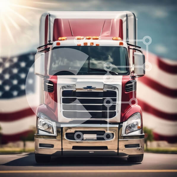 Intra Συλλεκτικό Ξύλινο Παζλ Plywood  4mm - Κόκκινο ημι-φορτηγό στο δρόμο μπροστά από την αμερικανική σημαία Σε Ξύλινο Κουτί - Διαστάσεις Puzzle: 10x10 cm – 25 κομμάτια