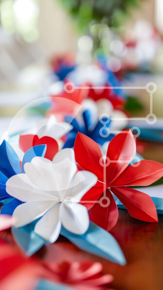 Intra Συλλεκτικό Ξύλινο Παζλ Plywood  4mm - Τραπέζι διακοσμημένο με κόκκινα, λευκά και μπλε λουλούδια από χαρτί Σε Ξύλινο Κουτί - Διαστάσεις Puzzle: 10x10 cm – 25 κομμάτια