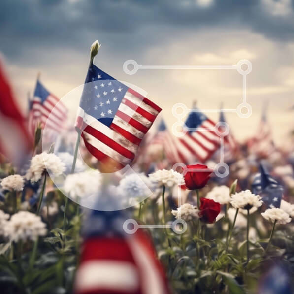 Intra Συλλεκτικό Ξύλινο Παζλ Plywood  4mm - Αμερικανικές σημαίες και λουλούδια στο πεδίο Σε Ξύλινο Κουτί - Διαστάσεις Puzzle: 10x10 cm – 25 κομμάτια