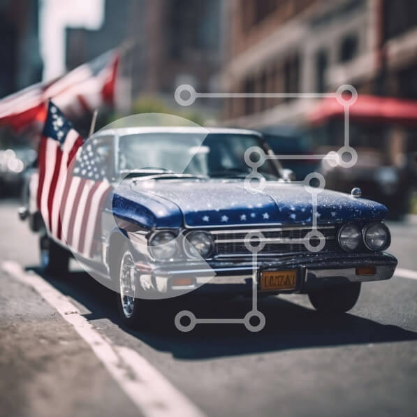 Intra Συλλεκτικό Ξύλινο Παζλ Plywood  4mm - Κλασικό μπλε αυτοκίνητο με αμερικανική σημαία στην οδό Σε Ξύλινο Κουτί - Διαστάσεις Puzzle: 10x10 cm – 25 κομμάτια