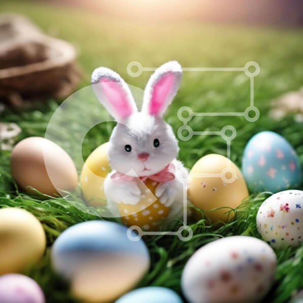 Intra Συλλεκτικό Ξύλινο Παζλ Plywood  4mm - Λευκό λαγουδάκι και πολύχρωμα πασχαλινά αυγά στην ανοιξιάτικη χλόη Σε Ξύλινο Κουτί - Διαστάσεις Puzzle: 10x10 cm – 25 κομμάτια