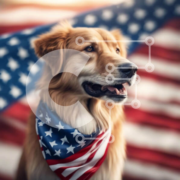 Intra Συλλεκτικό Ξύλινο Παζλ Plywood  4mm - Χρυσός σκύλος με την αμερικανική σημαία Μπαντάνα μπροστά από την αμερικανική σημαία Σε Ξύλινο Κουτί - Διαστάσεις: 10x10 cm – 25 κομμάτια