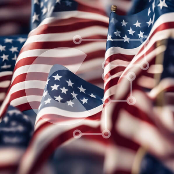 Intra Συλλεκτικό Ξύλινο Παζλ Plywood  4mm - Αμερικανικές σημαίες που κυματίζουν στον άνεμο Σε Ξύλινο Κουτί - Διαστάσεις Puzzle: 10x10 cm – 25 κομμάτια