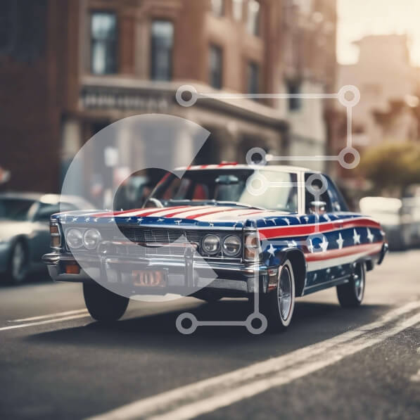 Intra Συλλεκτικό Ξύλινο Παζλ Plywood  4mm - Κόκκινο, λευκό και μπλε αυτοκίνητο με σχέδιο αμερικανικής σημαίας Σε Ξύλινο Κουτί - Διαστάσεις Puzzle: 10x10 cm – 25 κομμάτια