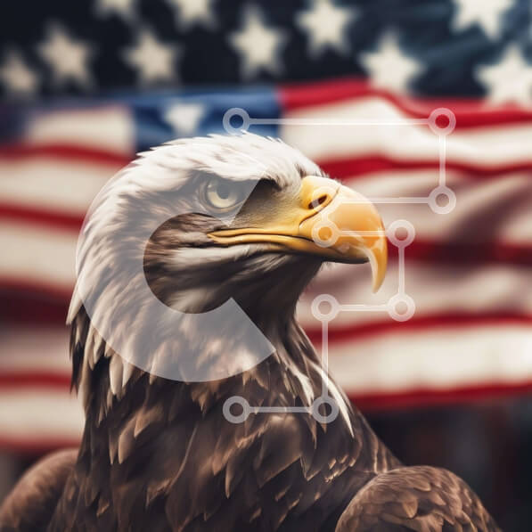 Intra Συλλεκτικό Ξύλινο Παζλ Plywood  4mm - Κοντινό πλάνο του Majestic Eagle με την αμερικανική σημαία Σε Ξύλινο Κουτί - Διαστάσεις: 10x10 cm – 25 κομμάτια