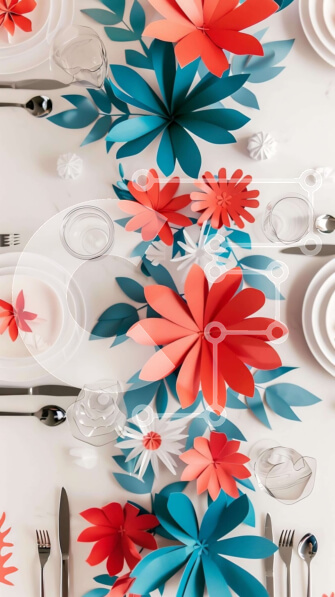 Intra Συλλεκτικό Ξύλινο Παζλ Plywood  4mm - Κομψή τραπεζαρία με κόκκινα και μπλε χάρτινα λουλούδια Σε Ξύλινο Κουτί - Διαστάσεις: 10x10 cm – 25 κομμάτια