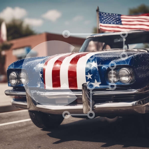 Intra Συλλεκτικό Ξύλινο Παζλ Plywood  4mm - Κλασικό αυτοκίνητο με αμερικανική σημαία στην οδό Σε Ξύλινο Κουτί - Διαστάσεις Puzzle: 10x10 cm – 25 κομμάτια