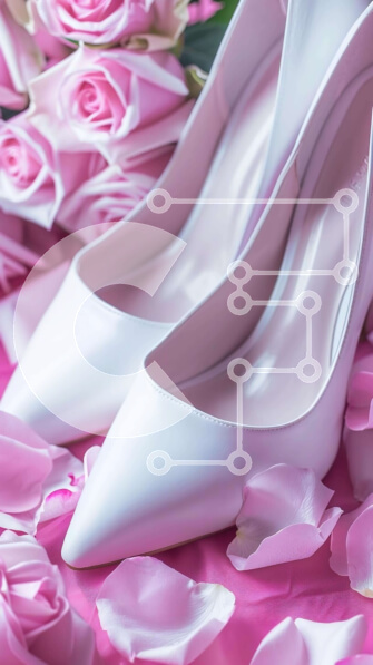 Intra Συλλεκτικό Ξύλινο Παζλ Plywood  4mm - Λευκά ψηλοτάκουνα παπούτσια με ροζ ροδοπέταλα Σε Ξύλινο Κουτί - Διαστάσεις Puzzle: 10x10 cm – 25 κομμάτια