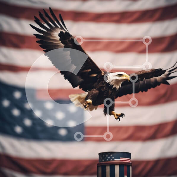 Intra Συλλεκτικό Ξύλινο Παζλ Plywood  4mm - Φαλακρός αετός που πετά πριν από την αμερικανική σημαία Σε Ξύλινο Κουτί - Διαστάσεις: 10x10 cm – 25 κομμάτια