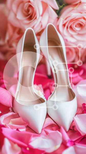 Intra Συλλεκτικό Ξύλινο Παζλ Plywood  4mm - Λευκά ψηλοτάκουνα παπούτσια σε ροζ ροδοπέταλα Σε Ξύλινο Κουτί - Διαστάσεις Puzzle: 10x10 cm – 25 κομμάτια