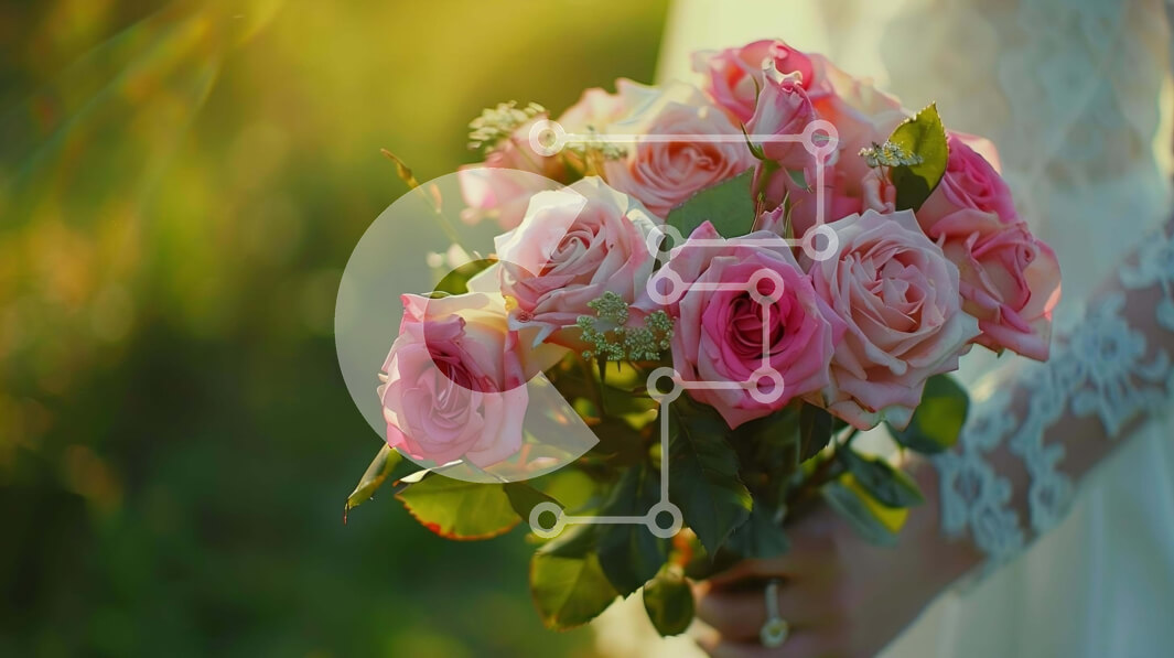 Intra Συλλεκτικό Ξύλινο Παζλ Plywood  4mm - Νύφη με ροζ τριαντάφυλλα σε ένα χορταριασμένο χωράφι Σε Ξύλινο Κουτί - Διαστάσεις Puzzle: 10x10 cm – 25 κομμάτια