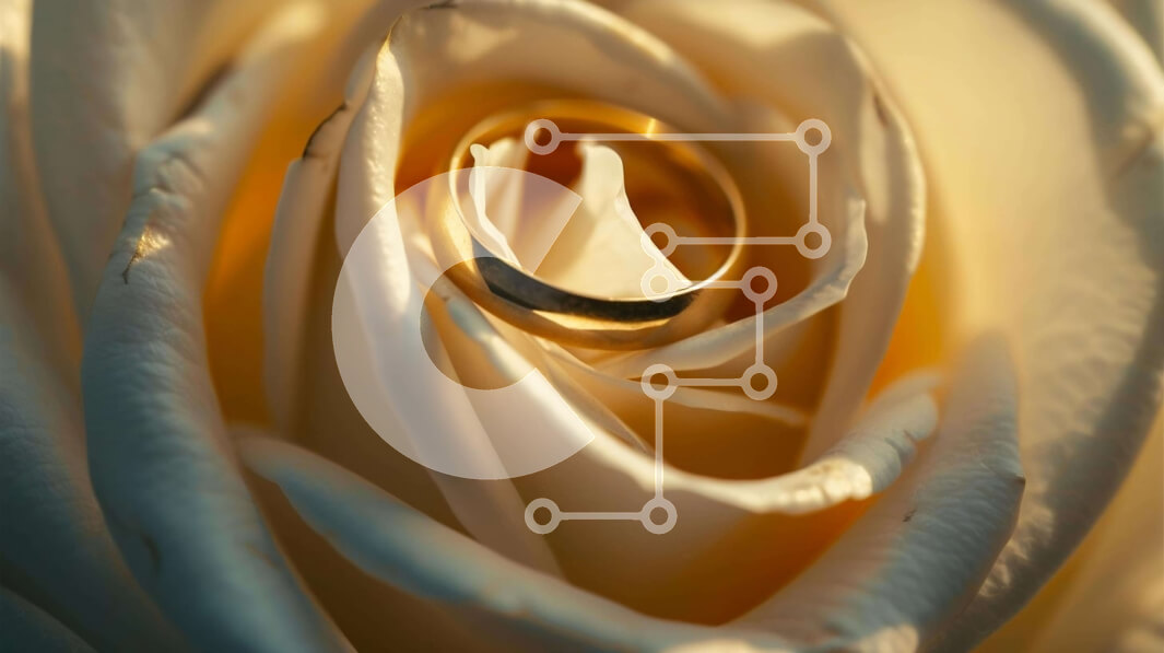 Intra Συλλεκτικό Ξύλινο Παζλ Plywood  4mm - Κοντινό πλάνο χρυσές βέρες σε λευκό τριαντάφυλλο Σε Ξύλινο Κουτί - Διαστάσεις Puzzle: 10x10 cm – 25 κομμάτια