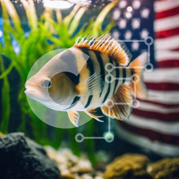 Intra Συλλεκτικό Ξύλινο Παζλ Plywood  4mm - Ριγέ ψάρια στο ενυδρείο με αμερικανική σημαία Σε Ξύλινο Κουτί - Διαστάσεις: 10x10 cm – 25 κομμάτια