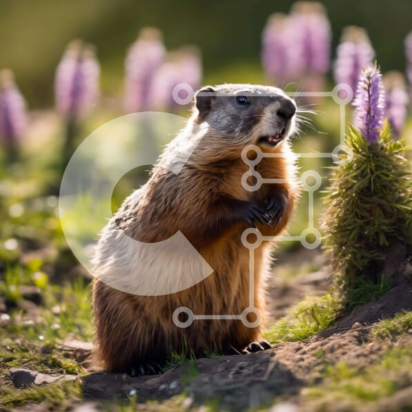 Intra Συλλεκτικό Ξύλινο Παζλ Plywood  4mm - Groundhog στη φύση κοντά σε μωβ λουλούδια Σε Ξύλινο Κουτί - Διαστάσεις: 10x10 cm – 25 κομμάτια