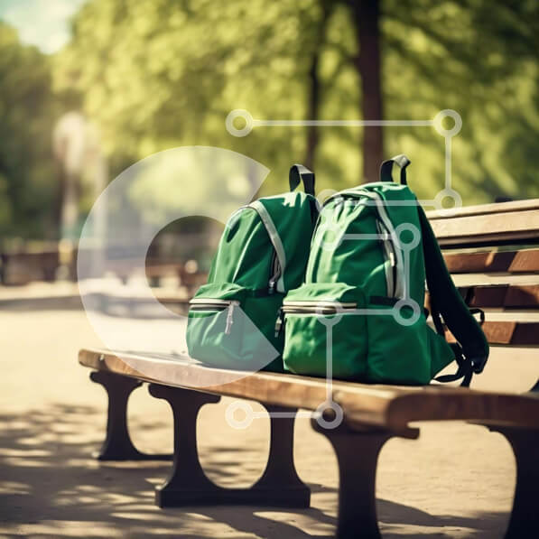 Intra Συλλεκτικό Ξύλινο Παζλ Plywood  4mm - Δύο πράσινα σακίδια πλάτης σε ξύλινο πάγκο στο πάρκο Σε Ξύλινο Κουτί - Διαστάσεις Puzzle: 10x10 cm – 25 κομμάτια