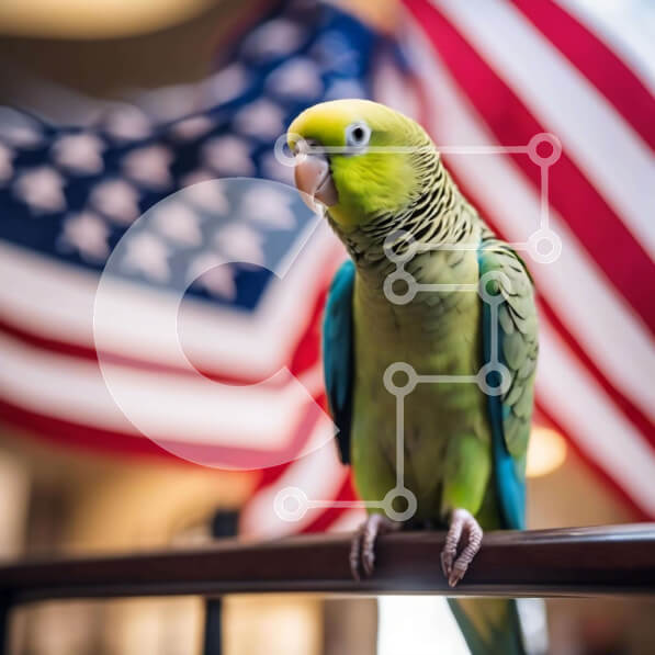 Intra Συλλεκτικό Ξύλινο Παζλ Plywood  4mm - Πράσινος και κίτρινος παπαγάλος στο κιγκλίδωμα με αμερικανική σημαία Σε Ξύλινο Κουτί - Διαστάσεις: 10x10 cm – 25 κομμάτια