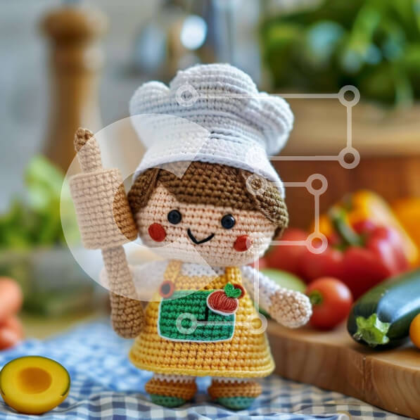 Intra Συλλεκτικό Ξύλινο Παζλ Plywood  4mm - Κροσέ κούκλα σεφ με λαχανικά Σε Ξύλινο Κουτί - Διαστάσεις Puzzle: 10x10 cm – 25 κομμάτια