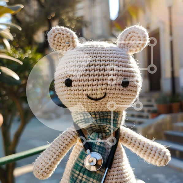 Intra Συλλεκτικό Ξύλινο Παζλ Plywood  4mm - Αρκουδάκι με κροσέ με ιατρικά αξεσουάρ κοντά σε σκάλες Σε Ξύλινο Κουτί - Διαστάσεις: 10x10 cm – 25 κομμάτια