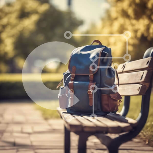 Intra Συλλεκτικό Ξύλινο Παζλ Plywood  4mm - Μπλε σακίδιο πλάτης σε ξύλινο πάγκο στο πάρκο Σε Ξύλινο Κουτί - Διαστάσεις Puzzle: 10x10 cm – 25 κομμάτια