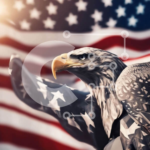 Intra Συλλεκτικό Ξύλινο Παζλ Plywood  4mm - Αετός με τεντωμένα φτερά μπροστά από την αμερικανική σημαία Σε Ξύλινο Κουτί - Διαστάσεις: 10x10 cm – 25 κομμάτια