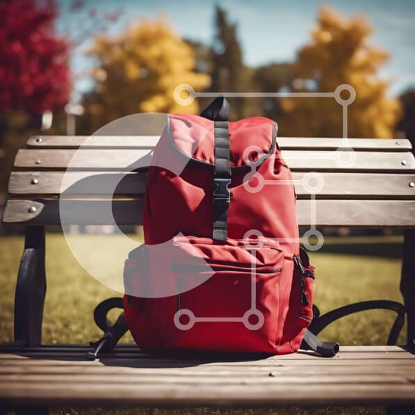 Intra Συλλεκτικό Ξύλινο Παζλ Plywood  4mm - Κόκκινο σακίδιο πλάτης σε ξύλινο πάγκο στο πάρκο Σε Ξύλινο Κουτί - Διαστάσεις Puzzle: 10x10 cm – 25 κομμάτια