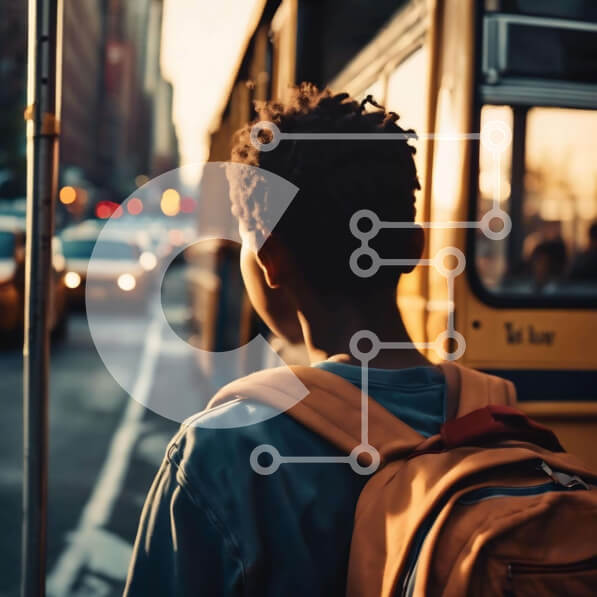 Intra Συλλεκτικό Ξύλινο Παζλ Plywood  4mm - Μαθητής με σακίδιο με σχολικό λεωφορείο Σε Ξύλινο Κουτί - Διαστάσεις Puzzle: 10x10 cm – 25 κομμάτια