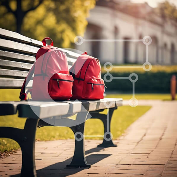 Intra Συλλεκτικό Ξύλινο Παζλ Plywood  4mm - Κόκκινα σακίδια πλάτης σε έναν ξύλινο πάγκο στο πάρκο Σε Ξύλινο Κουτί - Διαστάσεις Puzzle: 10x10 cm – 25 κομμάτια