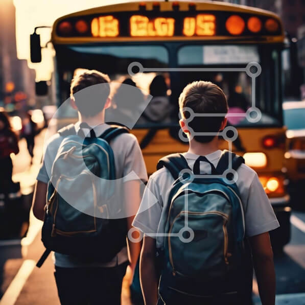 Intra Συλλεκτικό Ξύλινο Παζλ Plywood  4mm - Δύο νεαροί άνδρες που περπατούν προς ένα κίτρινο σχολικό λεωφορείο Σε Ξύλινο Κουτί - Διαστάσεις Puzzle: 10x10 cm – 25 κομμάτια