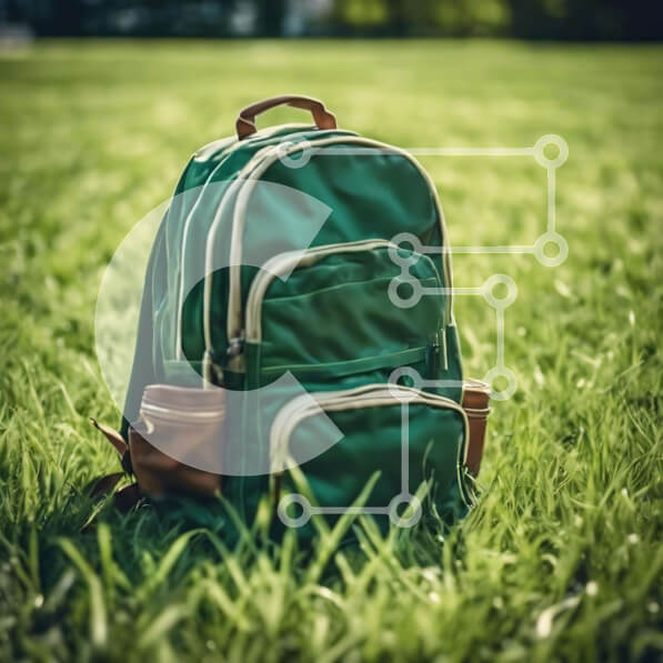 Intra Συλλεκτικό Ξύλινο Παζλ Plywood  4mm - Πράσινο σακίδιο πλάτης στο γρασίδι μπροστά από το ανοιχτό γήπεδο Σε Ξύλινο Κουτί - Διαστάσεις: 10x10 cm – 25 κομμάτια