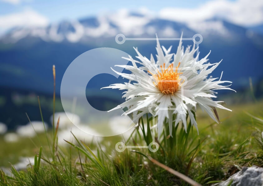 Intra Συλλεκτικό Ξύλινο Παζλ Plywood  4mm - Μονό λευκό λουλούδι σε χορταριασμένο χωράφι με βουνά Σε Ξύλινο Κουτί - Διαστάσεις: 10x10 cm – 25 κομμάτια