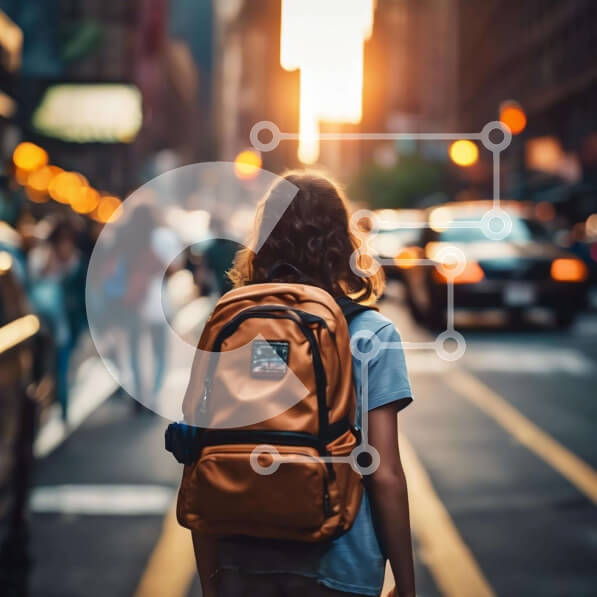 Intra Συλλεκτικό Ξύλινο Παζλ Plywood  4mm - Νεαρή γυναίκα που περπατά στην πόλη με πορτοκαλί σακίδιο Σε Ξύλινο Κουτί - Διαστάσεις Puzzle: 10x10 cm – 25 κομμάτια