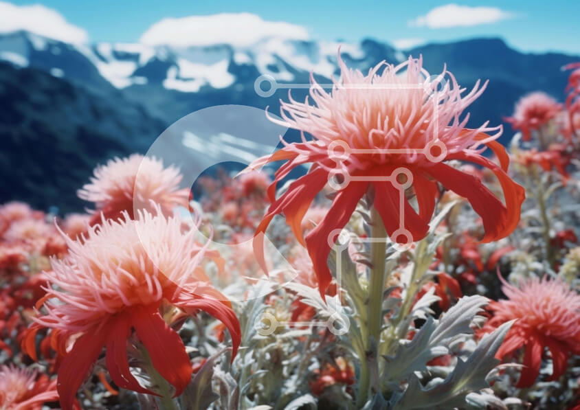 Intra Συλλεκτικό Ξύλινο Παζλ Plywood  4mm - Ροζ λουλούδια στο χωράφι με τα χιονισμένα βουνά Σε Ξύλινο Κουτί - Διαστάσεις: 10x10 cm – 25 κομμάτια