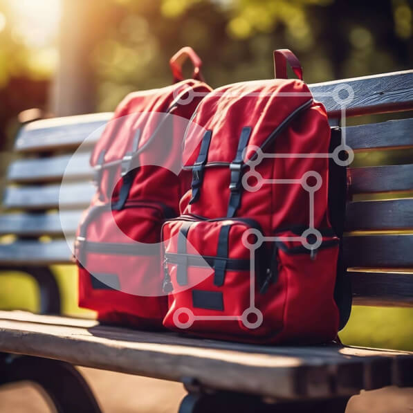 Intra Συλλεκτικό Ξύλινο Παζλ Plywood  4mm - Κόκκινα σακίδια σε ξύλινο πάγκο στο πάρκο Σε Ξύλινο Κουτί - Διαστάσεις Puzzle: 10x10 cm – 25 κομμάτια