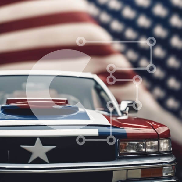 Intra Συλλεκτικό Ξύλινο Παζλ Plywood  4mm - Κόκκινο, λευκό και μπλε αυτοκίνητο παρκαρισμένο μπροστά από την αμερικανική σημαία Σε Ξύλινο Κουτί - Διαστάσεις Puzzle: 10x10 cm – 25 κομμάτια