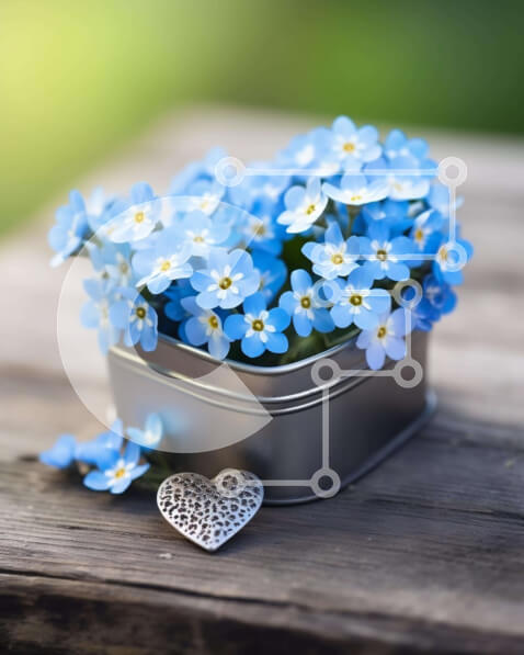 Intra Συλλεκτικό Ξύλινο Παζλ Plywood  4mm - Μπλε λουλούδια Forget-Me-Not σε μεταλλικό δοχείο σε σχήμα καρδιάς Σε Ξύλινο Κουτί - Διαστάσεις: 10x10 cm – 25 κομμάτια