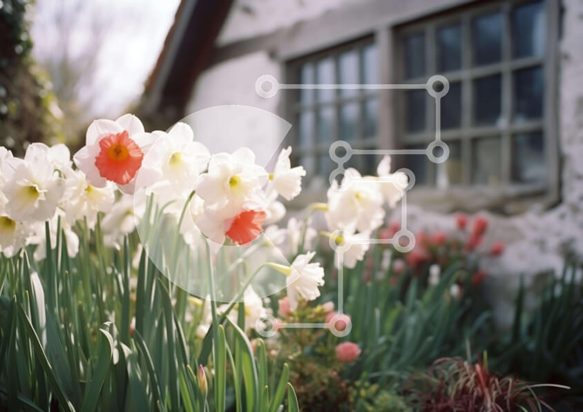 Intra Συλλεκτικό Ξύλινο Παζλ Plywood  4mm - Λευκοί και ροζ ασφόδελοι μπροστά από ένα σπίτι Σε Ξύλινο Κουτί - Διαστάσεις: 10x10 cm – 25 κομμάτια