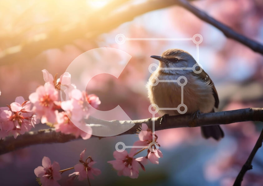 Intra Συλλεκτικό Ξύλινο Παζλ Plywood  4mm - Μικρό πουλί σκαρφαλωμένο σε κλαδί ροζ ανθισμένου δέντρου Σε Ξύλινο Κουτί - Διαστάσεις: 10x10 cm – 25 κομμάτια