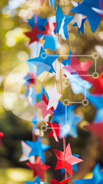 Intra Συλλεκτικό Ξύλινο Παζλ Plywood  4mm - Κόκκινα, λευκά και μπλε αστέρια Origami που κρέμονται από δέντρα Σε Ξύλινο Κουτί - Διαστάσεις Puzzle: 10x10 cm – 25 κομμάτια