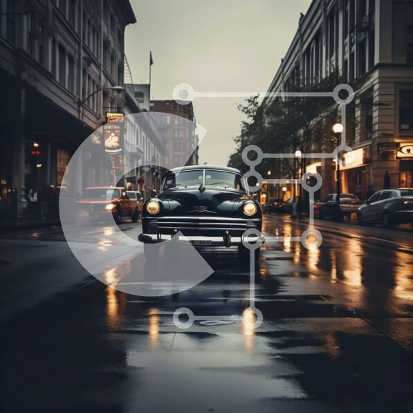 Intra Συλλεκτικό Ξύλινο Παζλ Plywood  4mm - Παλιό μαύρο αυτοκίνητο παρκαρισμένο στην οδό Wet City Σε Ξύλινο Κουτί - Διαστάσεις Puzzle: 10x10 cm – 25 κομμάτια