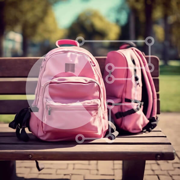 Intra Συλλεκτικό Ξύλινο Παζλ Plywood  4mm - Δύο ροζ σακίδια πλάτης σε ξύλινο πάγκο στο πάρκο Σε Ξύλινο Κουτί - Διαστάσεις Puzzle: 10x10 cm – 25 κομμάτια