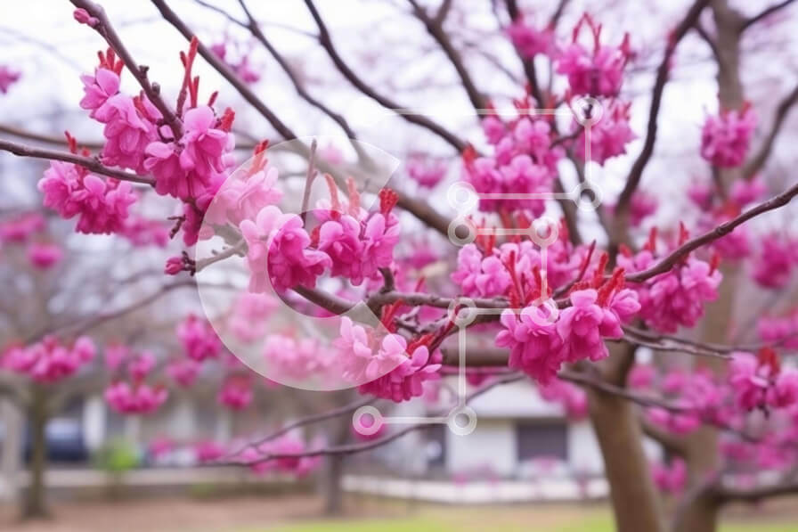 Intra Συλλεκτικό Ξύλινο Παζλ Plywood  4mm - Δέντρο με ροζ λουλούδια σε αστικό περιβάλλον την άνοιξη Σε Ξύλινο Κουτί - Διαστάσεις: 10x10 cm – 25 κομμάτια